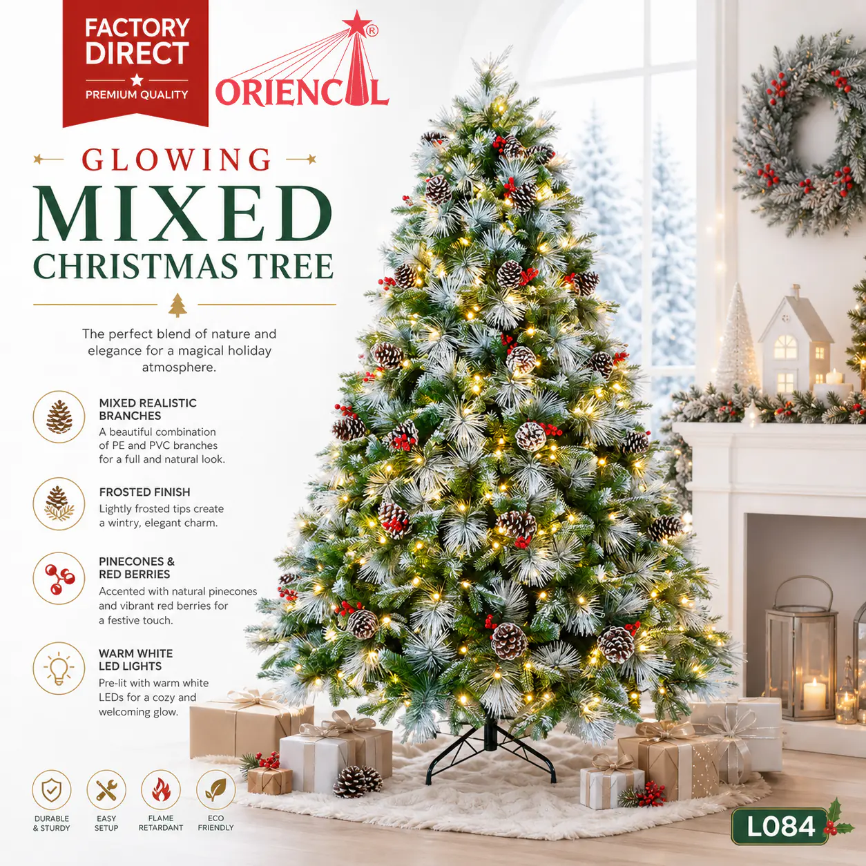 Pre-lit Flocked Pine Christmas Tree with Pinecones, Red Berries and LED Lights L084