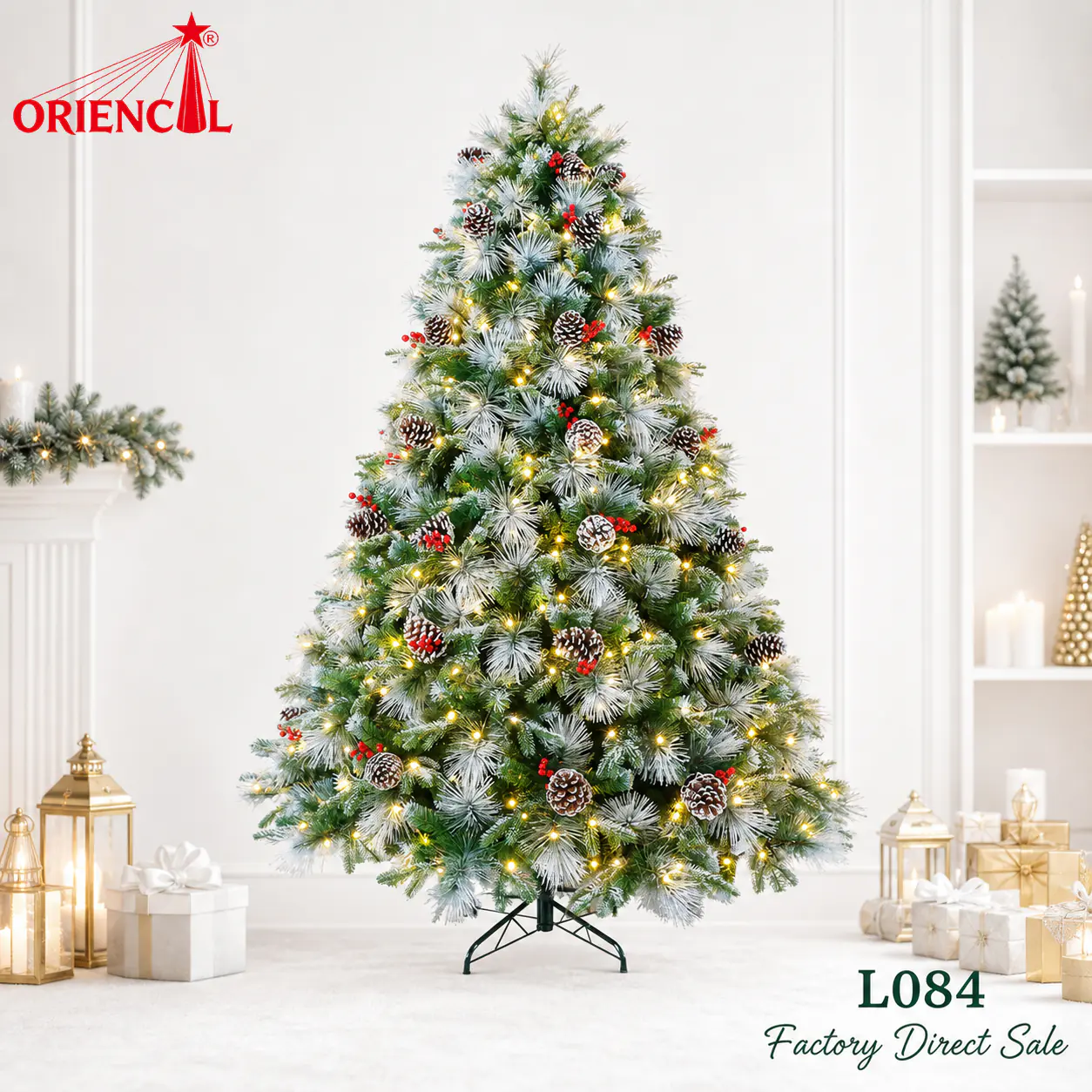 Pre-lit Flocked Pine Christmas Tree with Pinecones, Red Berries and LED Lights L084