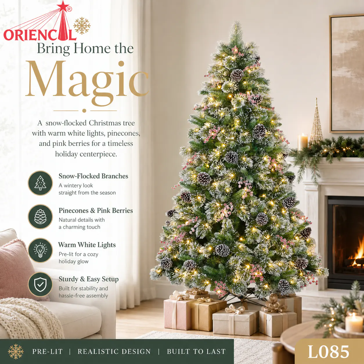 Pre-lit Flocked Christmas Tree with Pinecones and Pink Accents, Pastel Holiday Decor L085