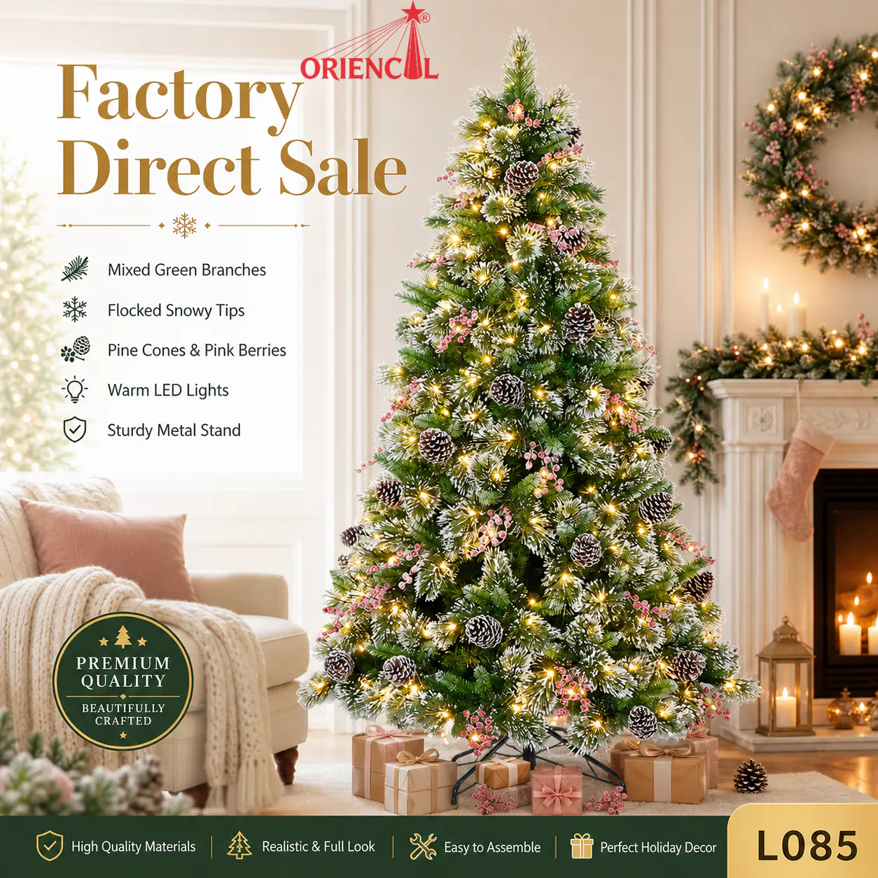 Pre-lit Flocked Christmas Tree with Pinecones and Pink Accents, Pastel Holiday Decor L085