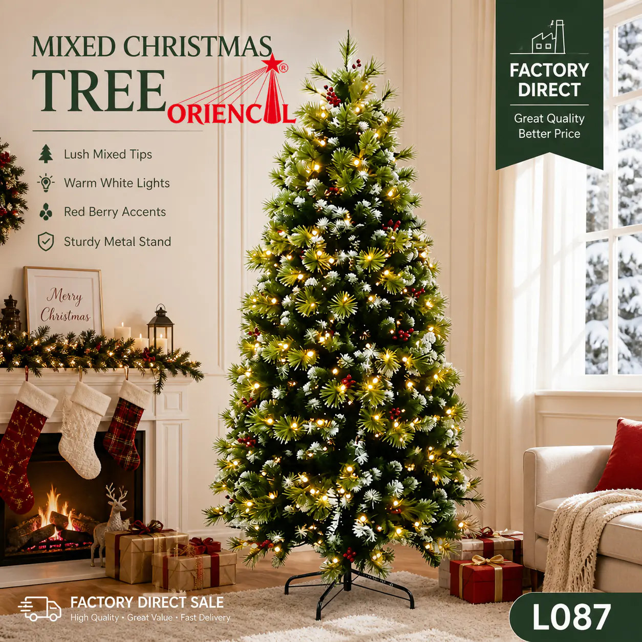Pre-Lit Flocked Artificial Christmas Tree with Warm White Lights, Snowy Pine with Red Berries L087