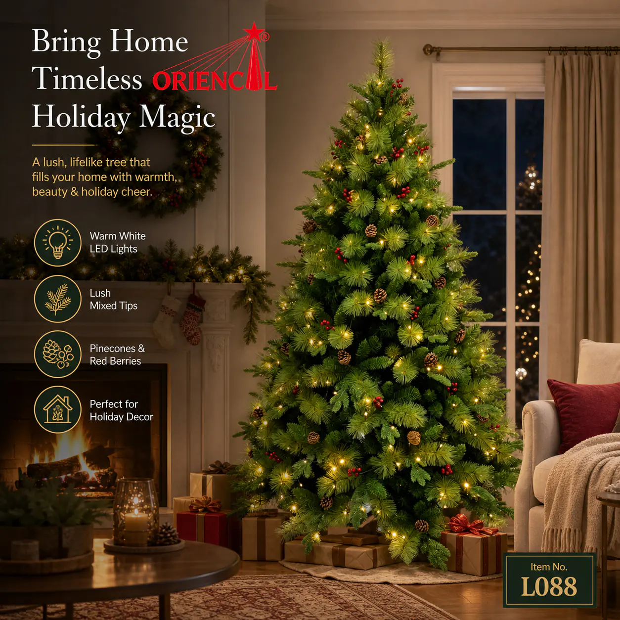 Pre-Lit Green Artificial Christmas Tree with Pine Cones & Red Berries, Full Unflocked Pine L088