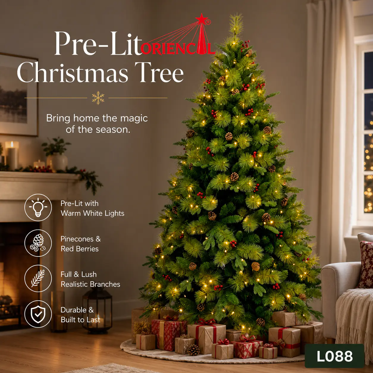 Pre-Lit Green Artificial Christmas Tree with Pine Cones & Red Berries, Full Unflocked Pine L088