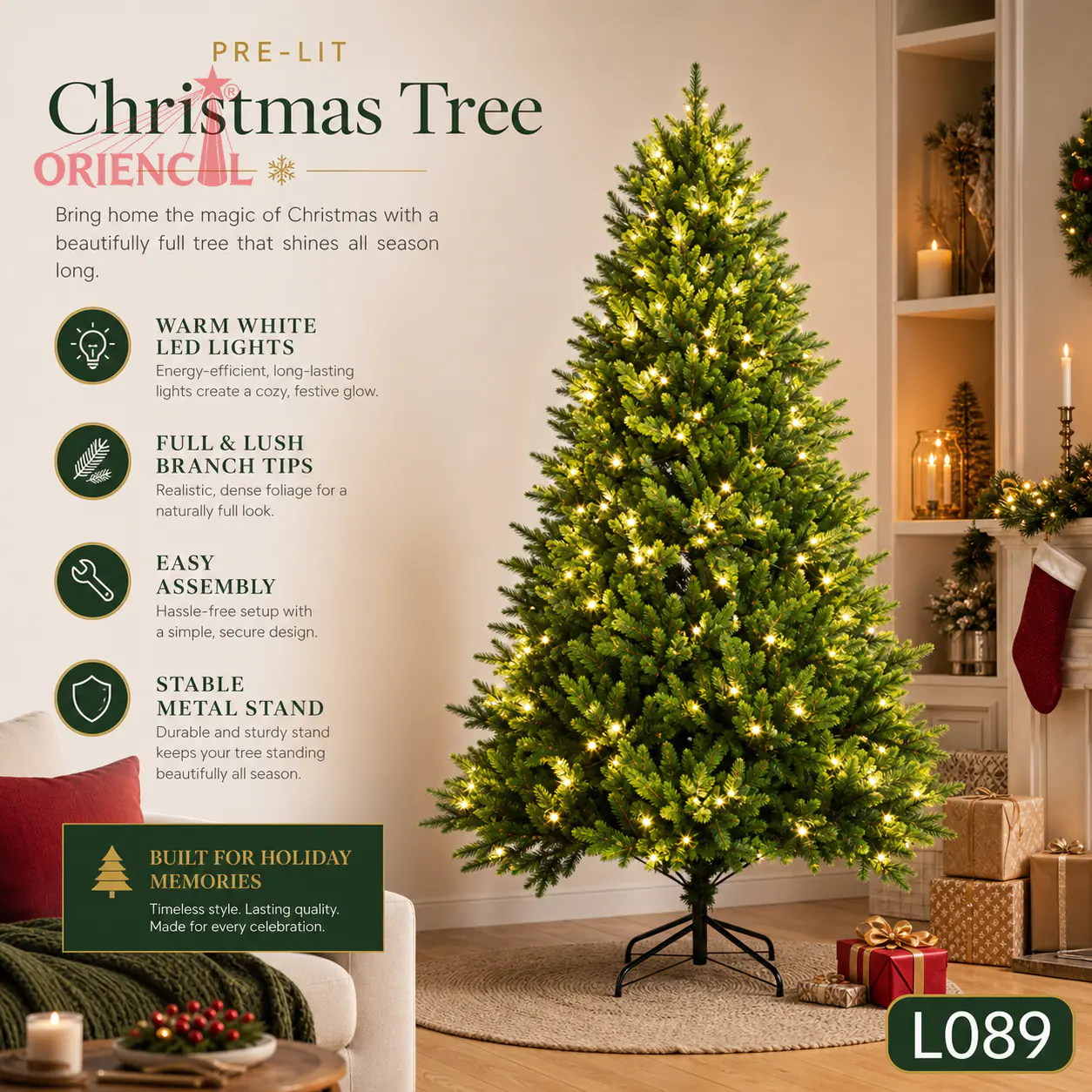 Pre-Lit Full Artificial Christmas Tree with Warm Lights, Unflocked Green Pine with Metal Stand L089