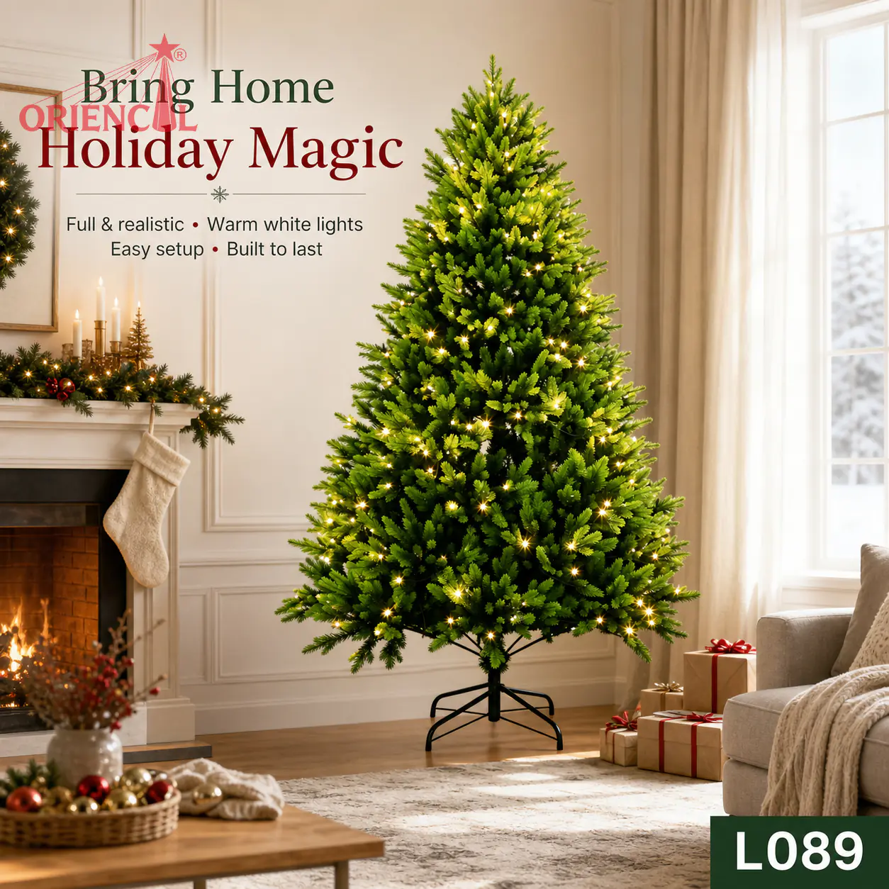 Pre-Lit Full Artificial Christmas Tree with Warm Lights, Unflocked Green Pine with Metal Stand L089
