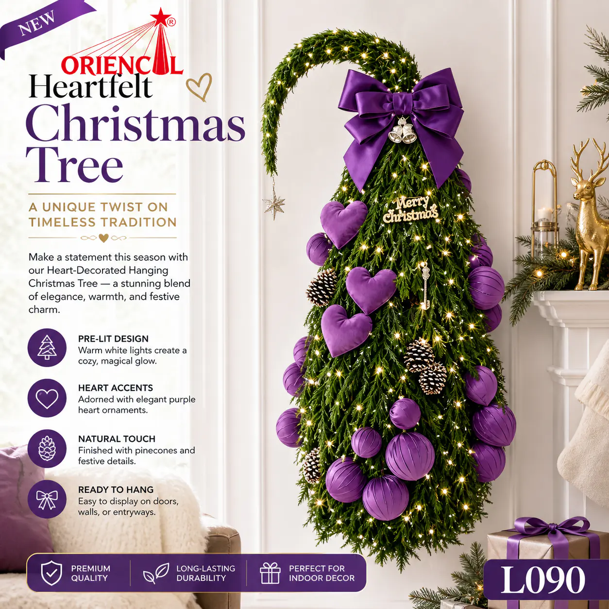Whimsical Pre-Lit Christmas Tree with Purple Ornaments & Bow, Curved Hat Style for Holiday Decor L090