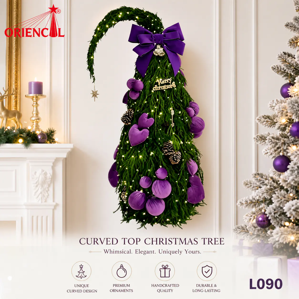Whimsical Pre-Lit Christmas Tree with Purple Ornaments & Bow, Curved Hat Style for Holiday Decor L090