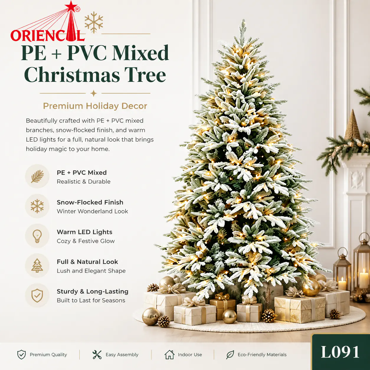 Pre-Lit Snow Flocked Artificial Christmas Tree with Warm Lights, White-Tipped Pine for Winter Decor L091