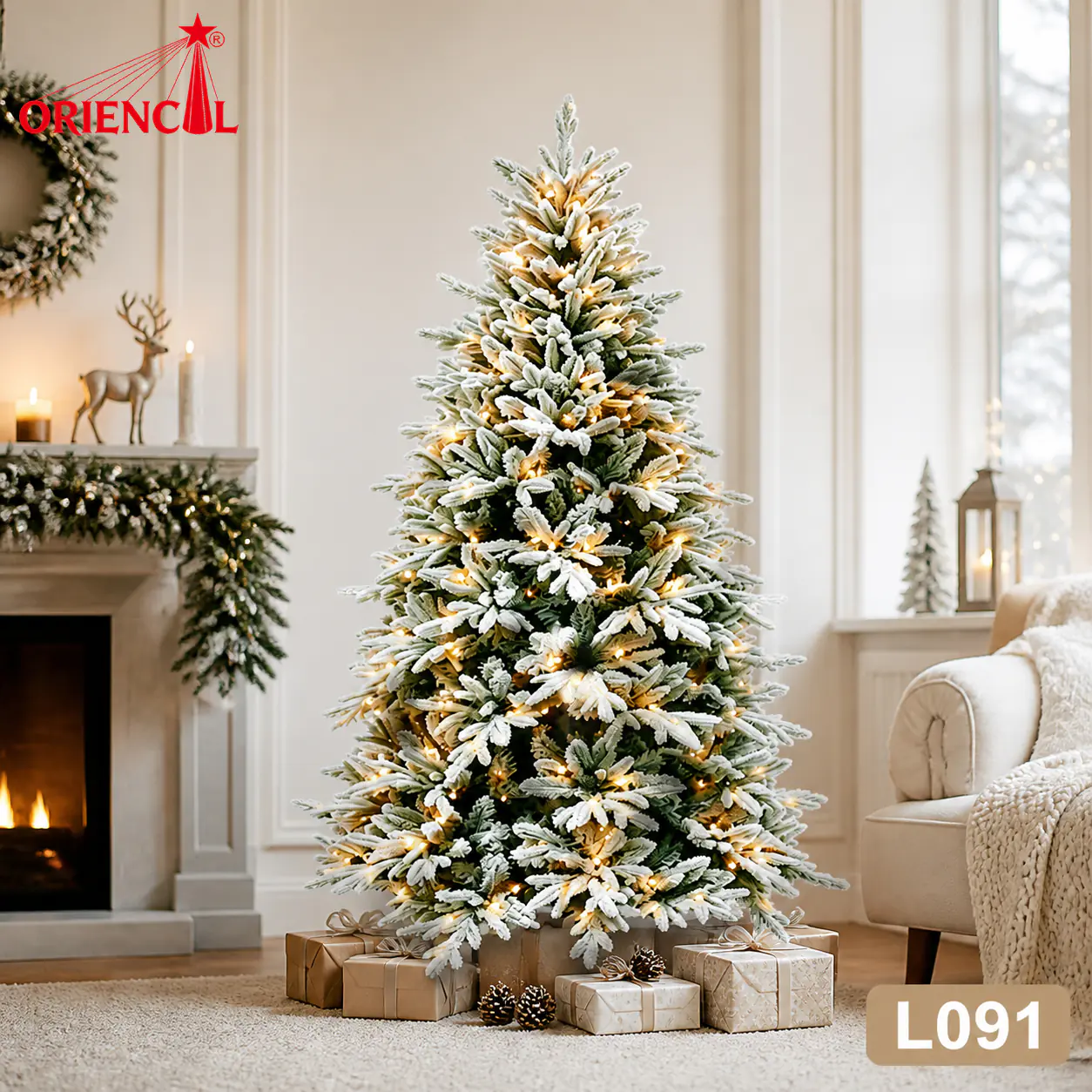 Pre-Lit Snow Flocked Artificial Christmas Tree with Warm Lights, White-Tipped Pine for Winter Decor L091