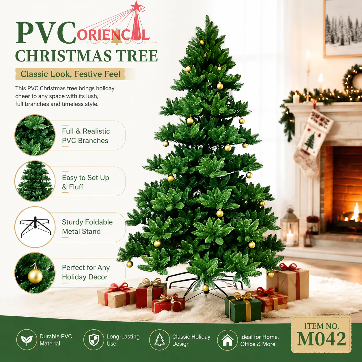 Artificial Green Christmas Tree with Built-In Warm White LED Lights, Full Pine for Home Holiday Decor M042