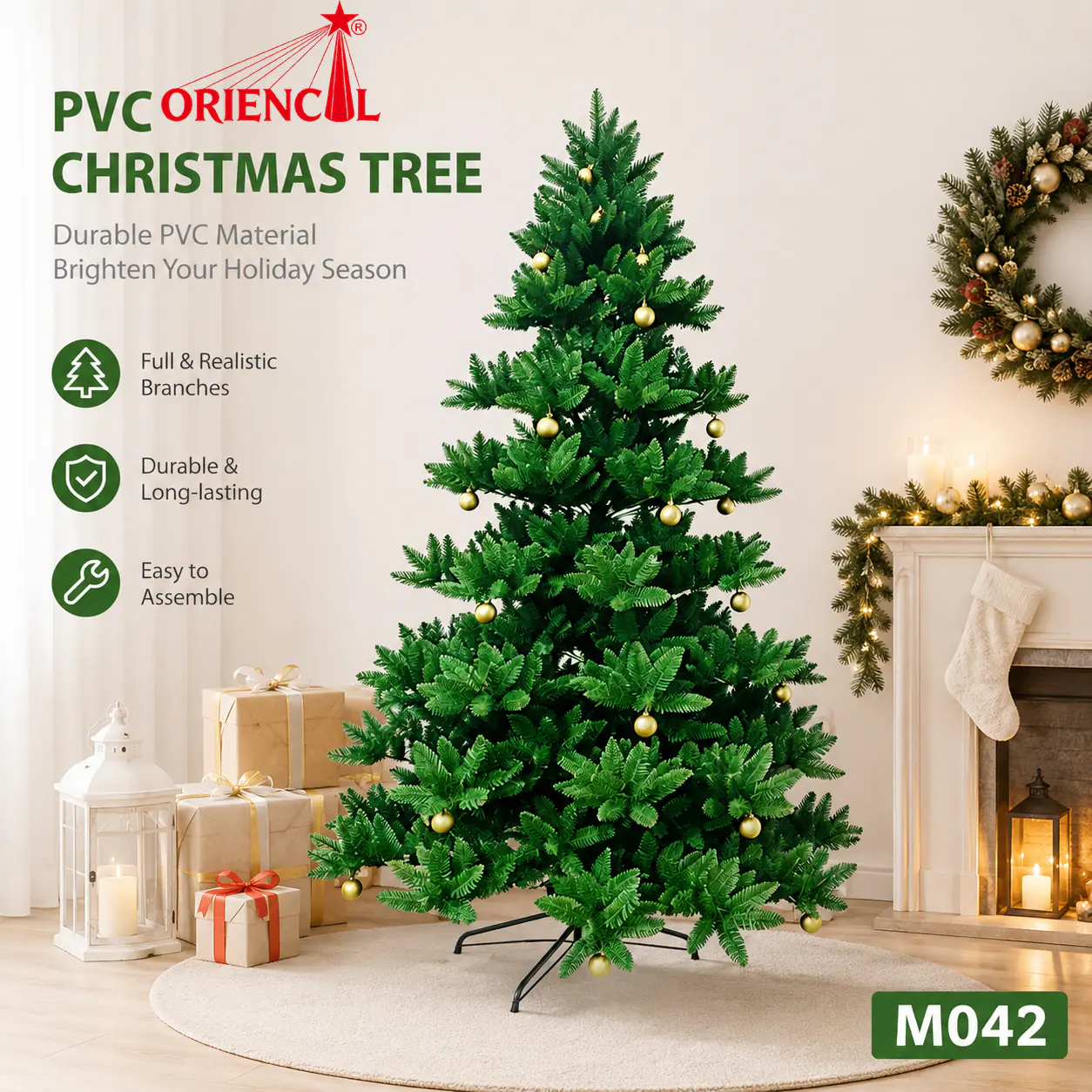 Artificial Green Christmas Tree with Built-In Warm White LED Lights, Full Pine for Home Holiday Decor M042