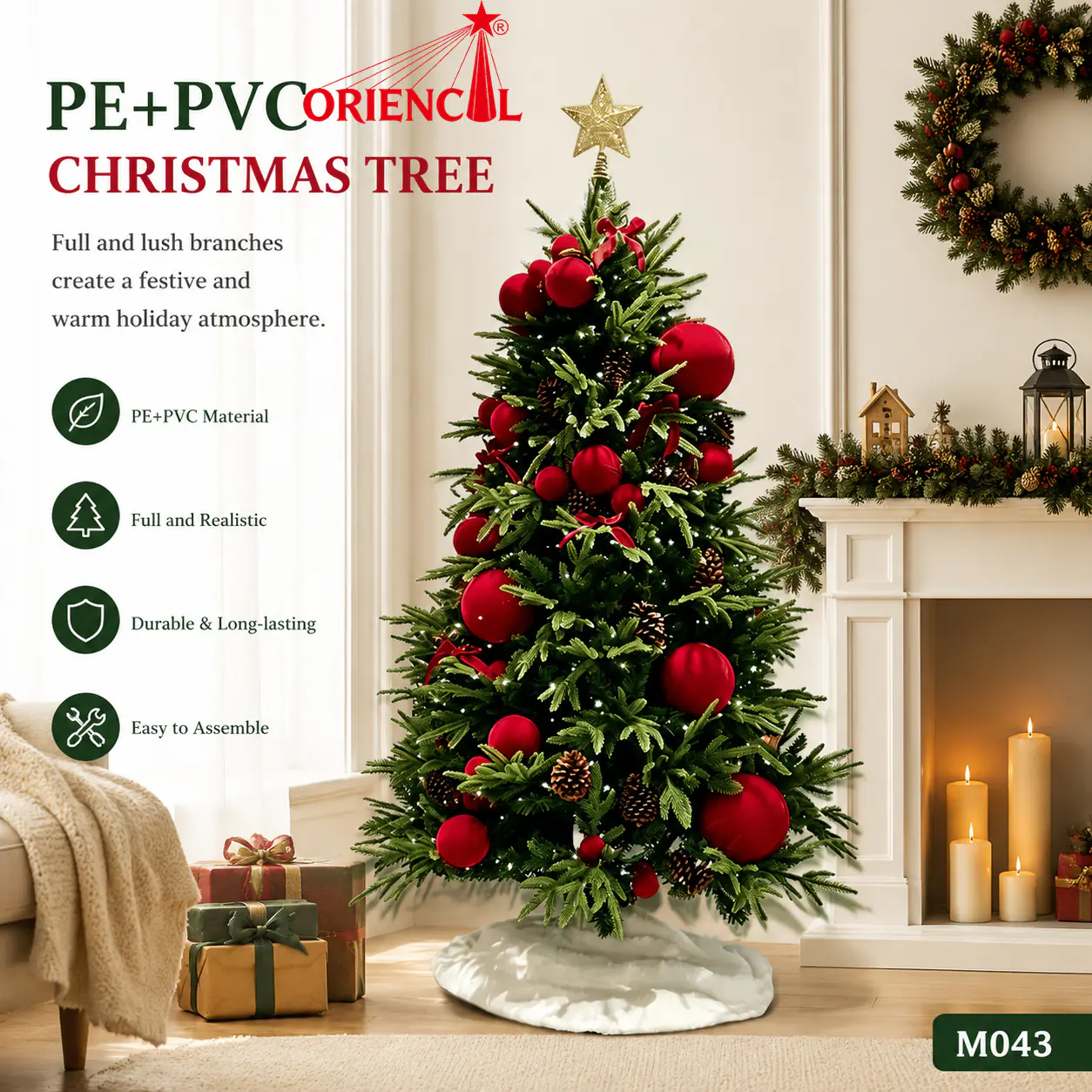 Pre-Decorated Small Christmas Tree with Red Ornaments & Star Topper, Tabletop Artificial Pine M043