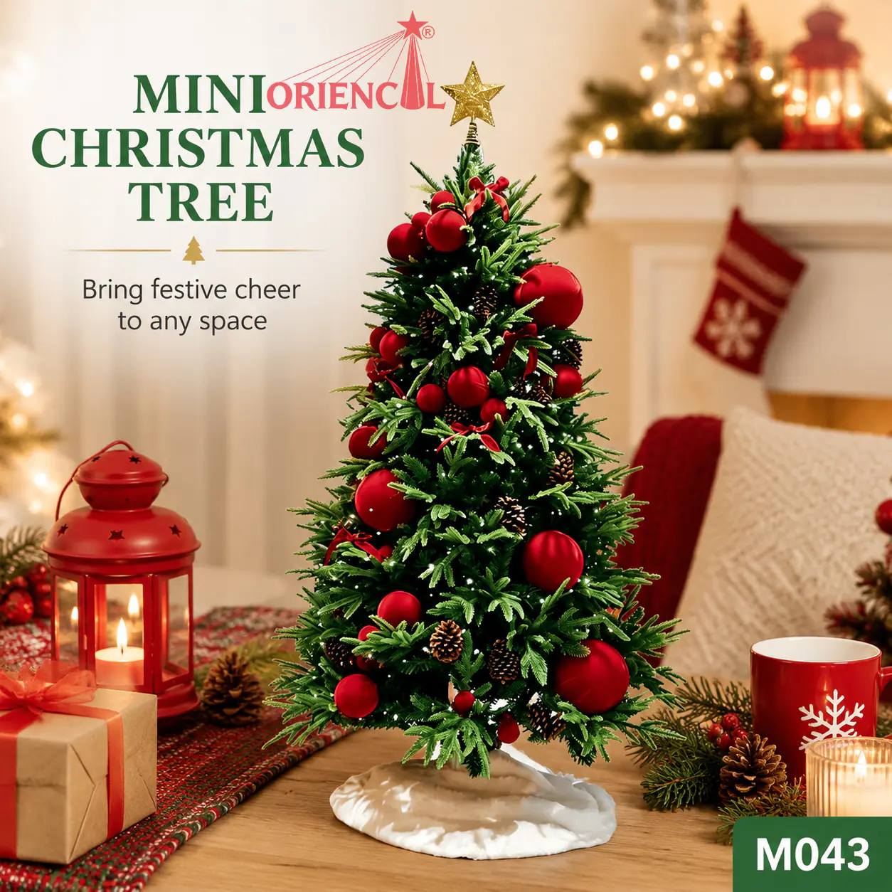 Pre-Decorated Small Christmas Tree with Red Ornaments & Star Topper, Tabletop Artificial Pine M043
