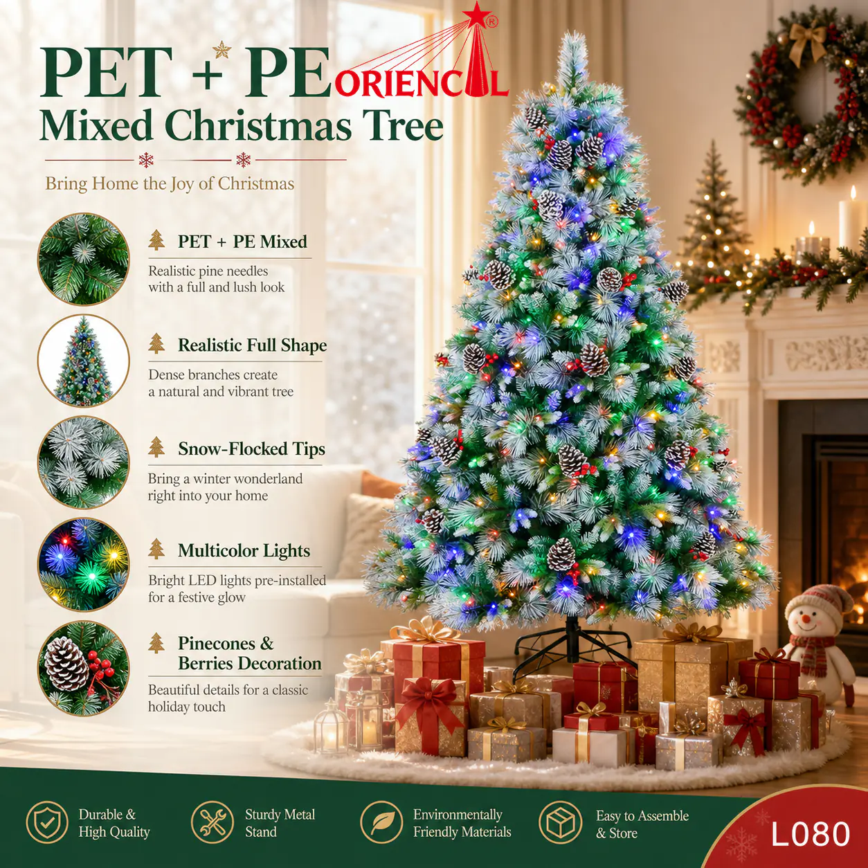 Pre-lit Flocked Artificial Christmas Tree with Multicolor Lights and Pinecones, Holiday Decor L080