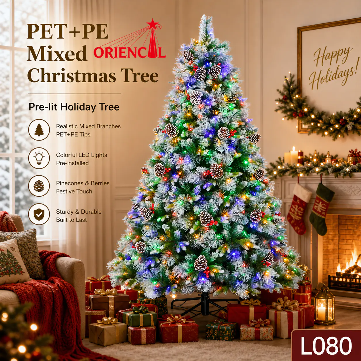 Pre-lit Flocked Artificial Christmas Tree with Multicolor Lights and Pinecones, Holiday Decor L080